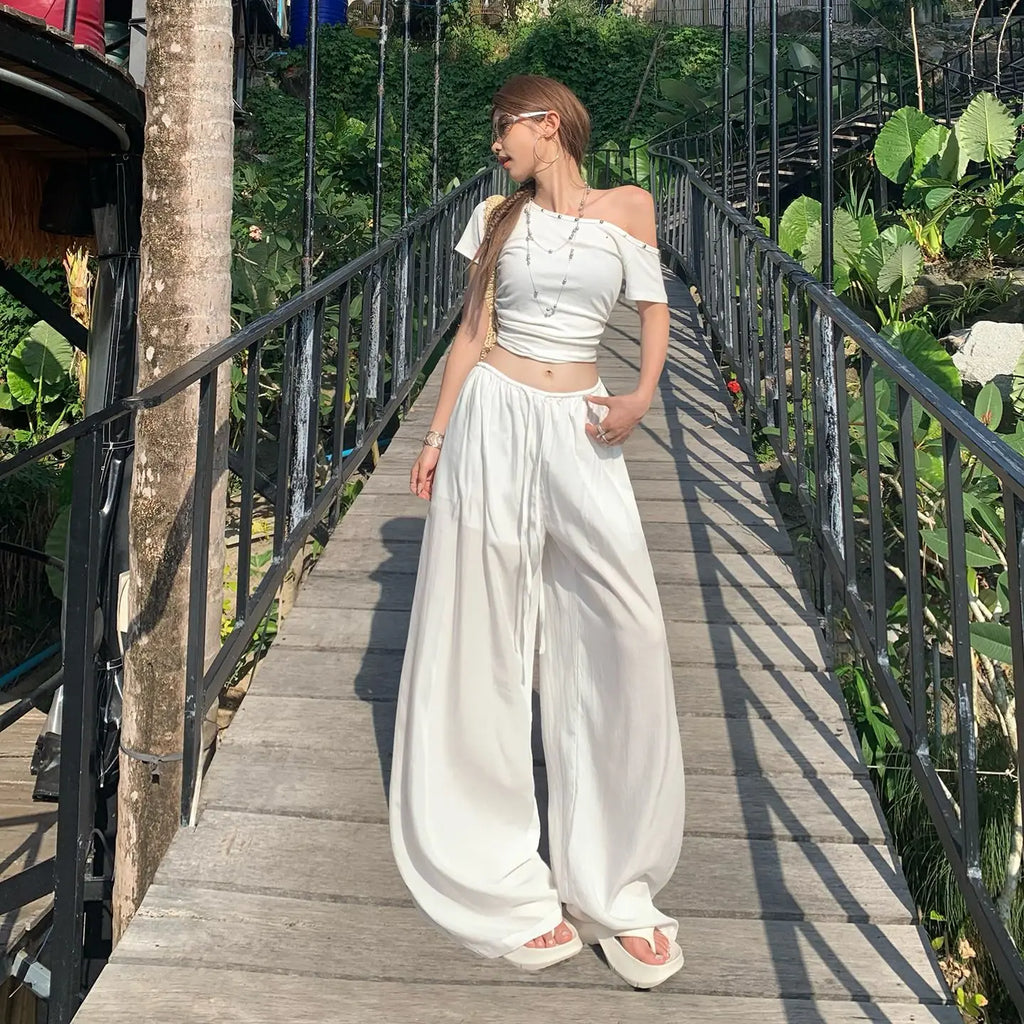 Loose wide-leg pants with elastic waist and drawstring, drapey and versatile, cool summer straight-leg casual pants