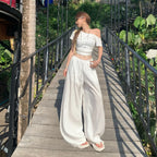 Loose wide-leg pants with elastic waist and drawstring, drapey and versatile, cool summer straight-leg casual pants