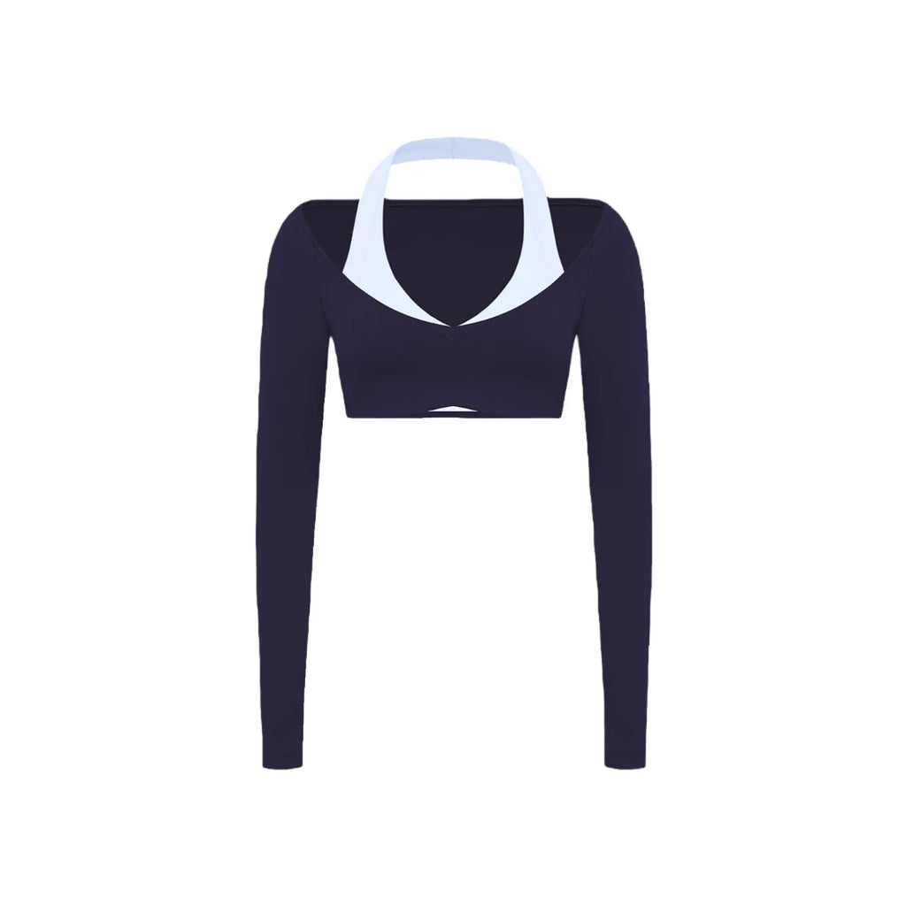 Women's Fake Two-Piece Sports Long Sleeve Halter Neck Pilates Yoga Shirt Slim Fit Fitness Sports Top Leggings Workout Tights