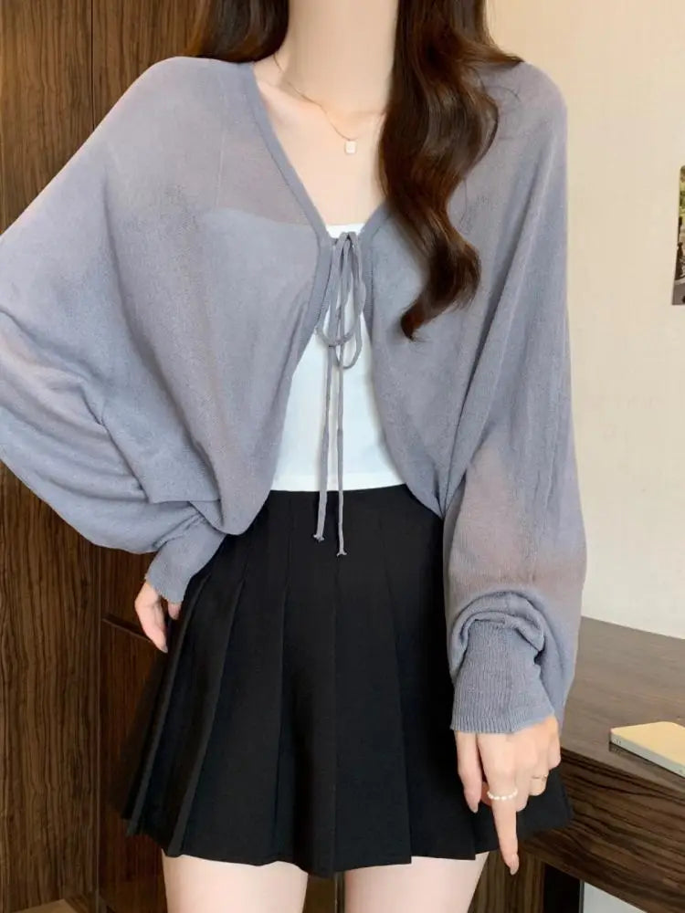 Thin Black Ice Silk Sun Protection Cardigan for Women Knitwear Summer Cover Up Large Size Lazy Sleeve Shawl Strap Outerwear Top