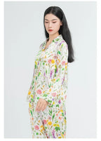 Floral Women's Pajama Set 19 Momme 100% Mulberry Silk Long Sleeve Button Top and Long Pants Two Piece Casual Homewear Loungewear