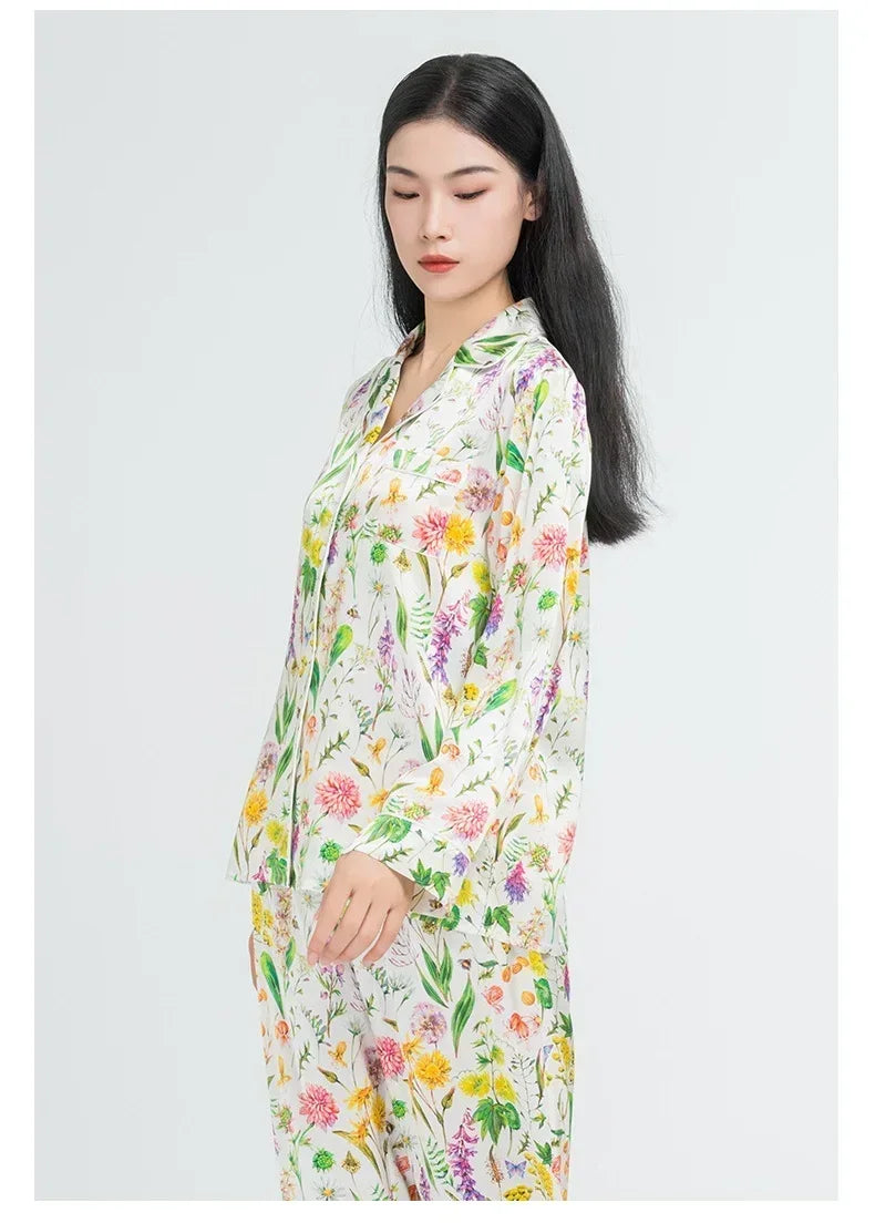 Floral Women's Pajama Set 19 Momme 100% Mulberry Silk Long Sleeve Button Top and Long Pants Two Piece Casual Homewear Loungewear