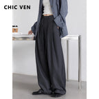 CHIC VEN Women Pants Solid Loose Casual Wide Leg Pant Drawstring Pleated Female Suit Trousers Office Ladies Sping Autumn 2025