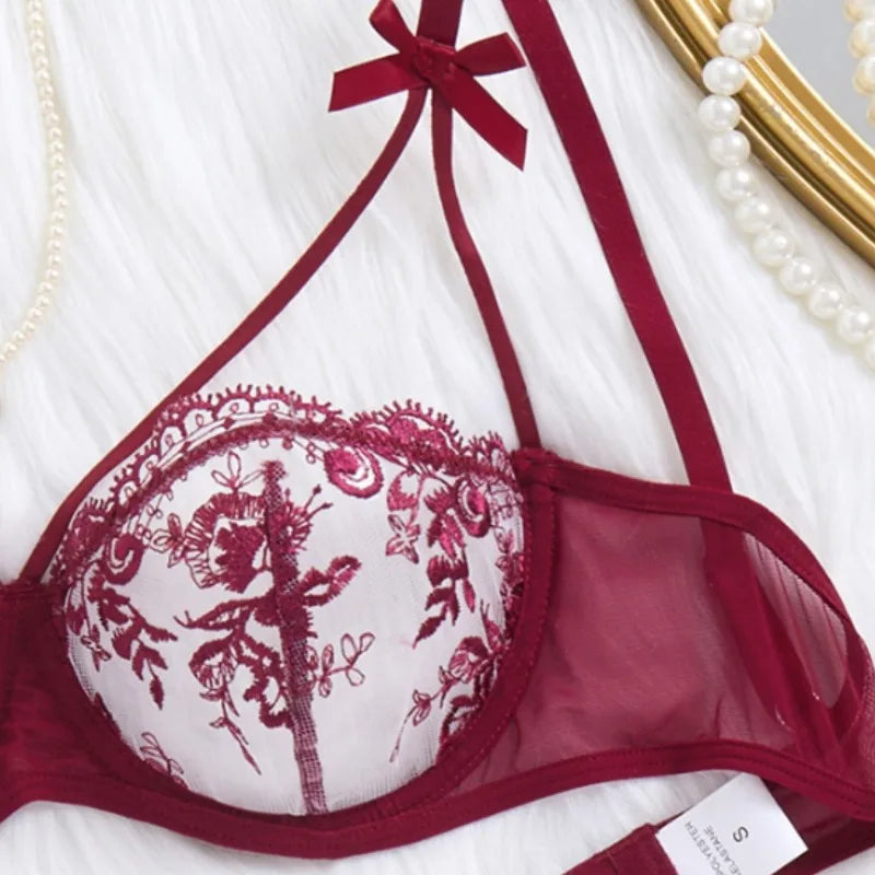 Women's Sexy Push Up Lingerie Set Sheer Floral Embroidery Support Bra Thong Anti Sagging Underwire Chest Cleavage Enhancement