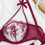 Women's Sexy Push Up Lingerie Set Sheer Floral Embroidery Support Bra Thong Anti Sagging Underwire Chest Cleavage Enhancement