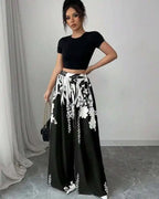 Women's Tropical Print Wide-Leg Pants, Elastic Waist Design, Slim Fit for Casual Vacation Wear