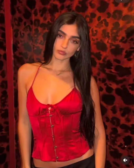 Oligai Summer Sexy Satin Corset Crop Top Sexy Red Lace Up Top Halter Bodycon Blouse Night Club Outfit Women