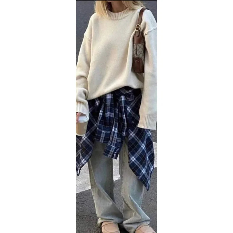 Fashion Baggy Plaid Women'S Blouse Elegant Lapel Long Sleeve Shirts And Blouses Vintage Pocket Lace-Up Top Female 2025