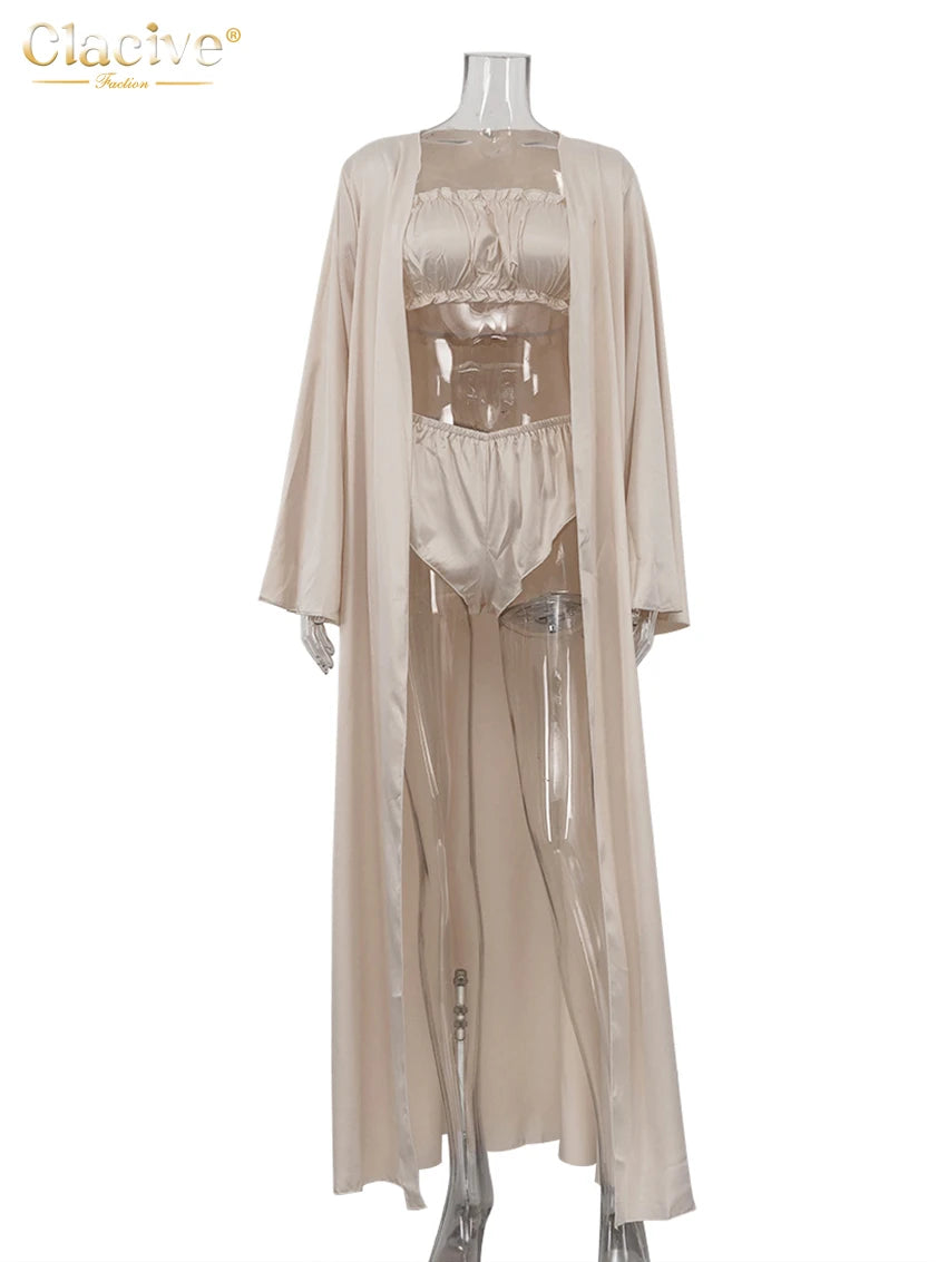 Clacive Fashion Loose Beige Satin 3 Piece Sets Woman 2025 Elegant Long Sleeve Robes + Tube Top With High Waist Shorts Set Female