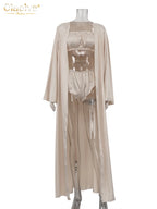 Clacive Fashion Loose Beige Satin 3 Piece Sets Woman 2025 Elegant Long Sleeve Robes + Tube Top With High Waist Shorts Set Female