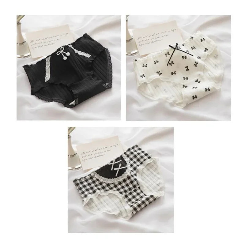 3 Pcs Cute Lolita Lace Trimming Girl Plaid Striped Underwear Summer Sexy Cotton Briefs Langerie Loli Panties