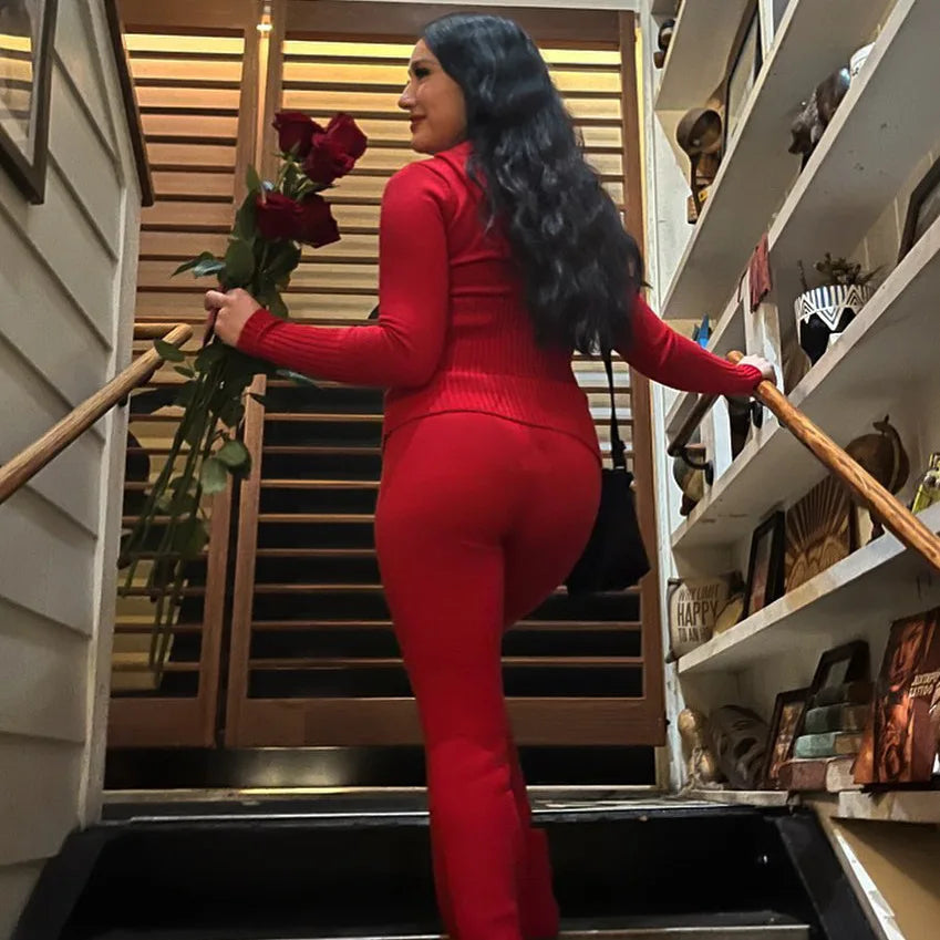 2 Piece Sets Women Knitted Tracksuit Long Sleeve Zipper Hooded Sweater Crop Top Flare Pants Stretch Matching Suit Outfit