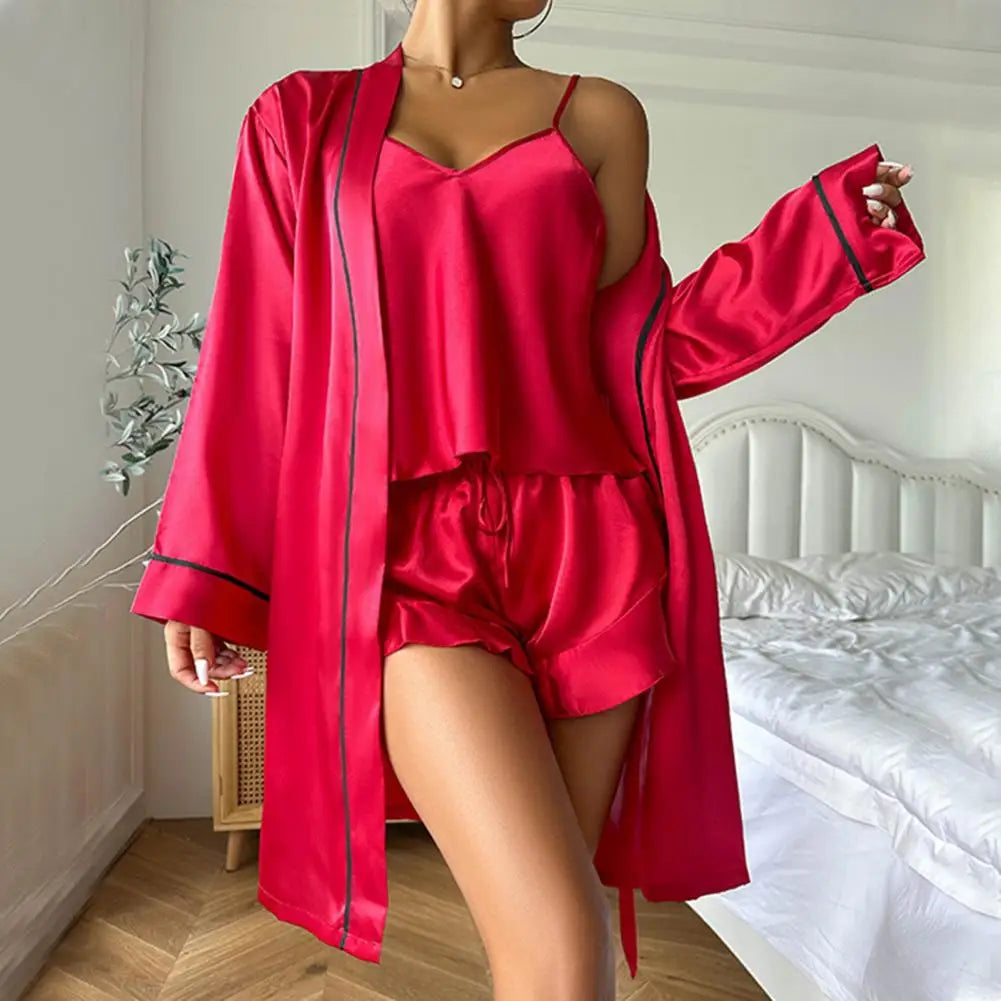 Delicate Touch Pajamas Women's 3 Piece Satin Pajama Set Sexy Cami Top Shorts Lightweight Robe Sleepwear Summer Casual Loungewear