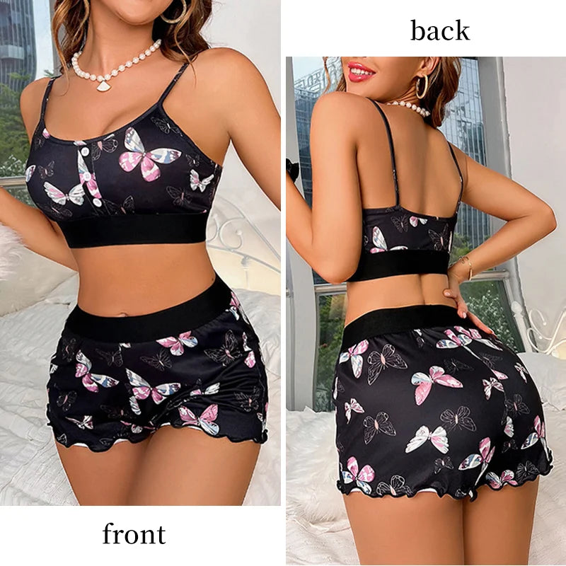 Summer Butterfly Print Sleeveless Pajama Set Sexy Camisole Shorts Homewear for Women Comfortable Elastic Sleepwear Set