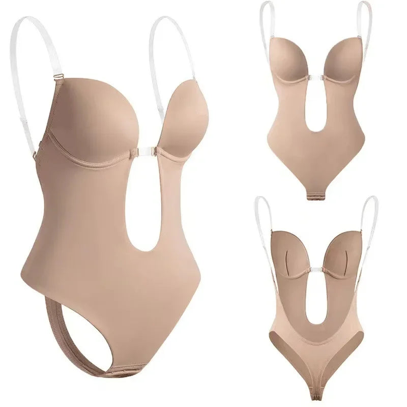 Invisible Bodysuit Women Thong Shaper Body Shapewear Sexy Deep V-Neck Backless Corset Plunge Padded Push Up Slimming Underwear