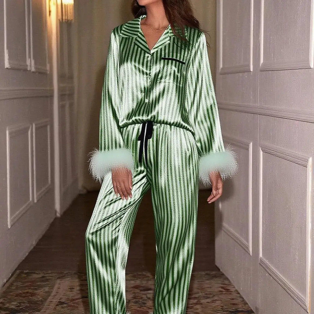Luxurious Women's Pyjamas With Fur Striped Silky Satin Long Sleeve Pajama Set Lapel Top & Long Pants Sleepwear & Loungewear