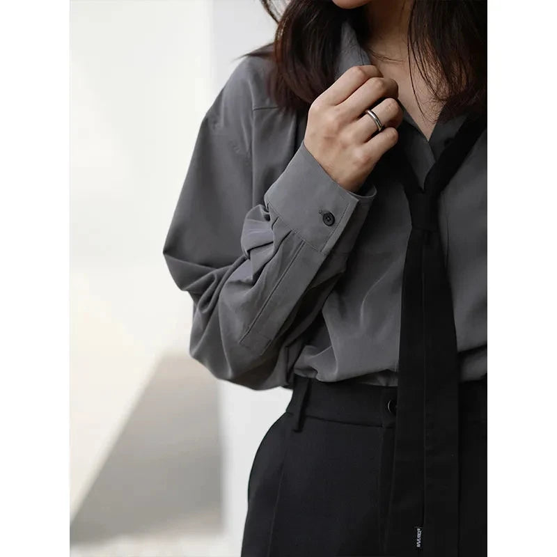 Korean Style Minimalist Oversized Blouse Women Long Sleeve Button Down Shirt with Detachable Tie for Office Casual Wear