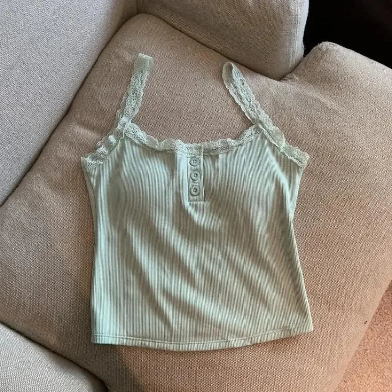 2026 Solid Color Knit Tank Top Vest Women Female Slim Undershirt Sexy Lace Camisole With Chest Pad Crop Tops Sleeveless T Shirt