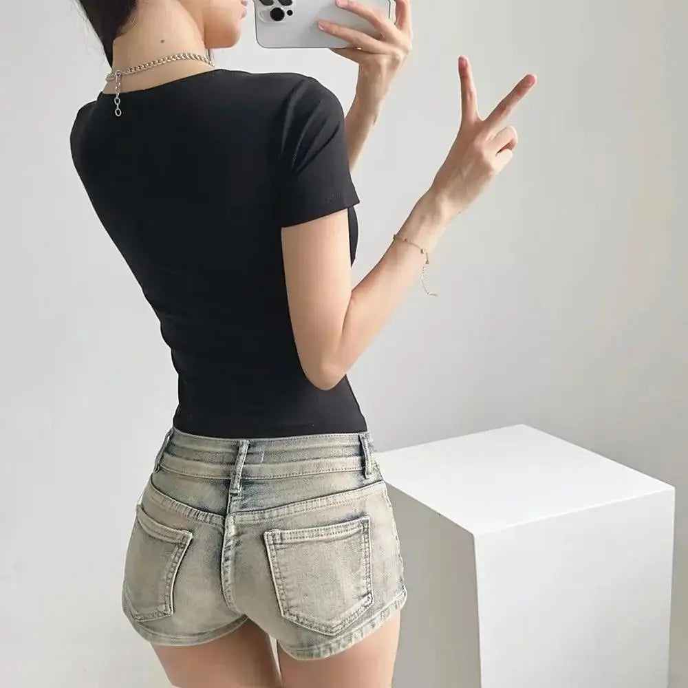 Summer Short Sleeve Square Collar Folds Bodysuits Women Elastic Slim Top Jumpsuits