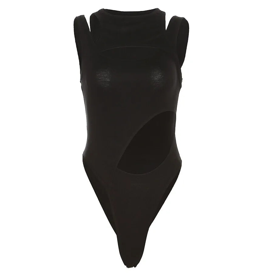 SylCue Irregular Hollow Design Bodysuit Woman 2026 Spring New Style o-Neck Sleeveless Skinny Stretch Street Sexy Fashion Bodycon