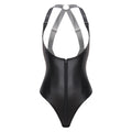 Womens Lingerie Latex Bodysuit Deep Low Neckline Front Zip-up Buttoned Crotch X-back Teddies Costume Matte PU Leather Nightwear