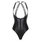 Womens Lingerie Latex Bodysuit Deep Low Neckline Front Zip-up Buttoned Crotch X-back Teddies Costume Matte PU Leather Nightwear