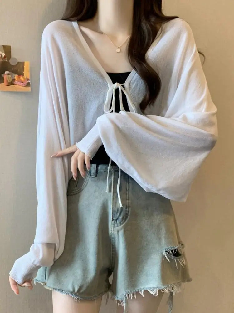 Thin Black Ice Silk Sun Protection Cardigan for Women Knitwear Summer Cover Up Large Size Lazy Sleeve Shawl Strap Outerwear Top