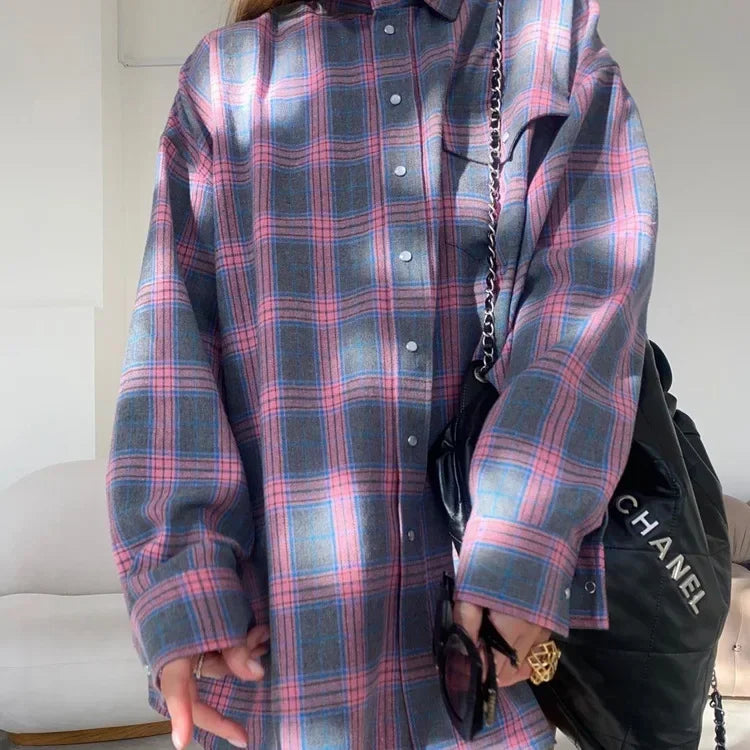 Fashion Baggy Plaid Women'S Blouse Elegant Lapel Long Sleeve Shirts And Blouses Vintage Pocket Lace-Up Top Female 2025