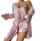 Delicate Touch Pajamas Women's 3 Piece Satin Pajama Set Sexy Cami Top Shorts Lightweight Robe Sleepwear Summer Casual Loungewear
