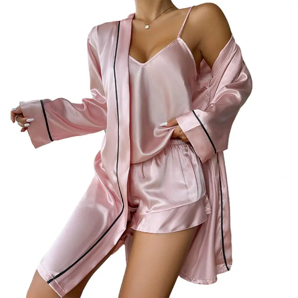 Delicate Touch Pajamas Women's 3 Piece Satin Pajama Set Sexy Cami Top Shorts Lightweight Robe Sleepwear Summer Casual Loungewear