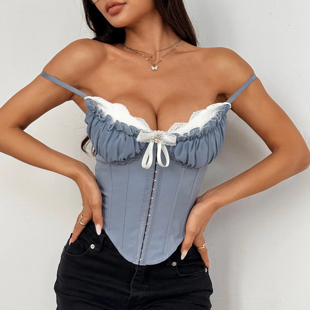 Multi Colors Sexy Perspective Mesh Stitching Lace Bustiers and Corsets with Chest Cushion for Spice Girl Sling Bustier Top