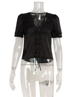 Tossy Lace Summer V-Neck T-shirt Top For Women Lace-Up Hollow Out Short Sleeve Printed Cropped Top Pullover Female Bandage Tee