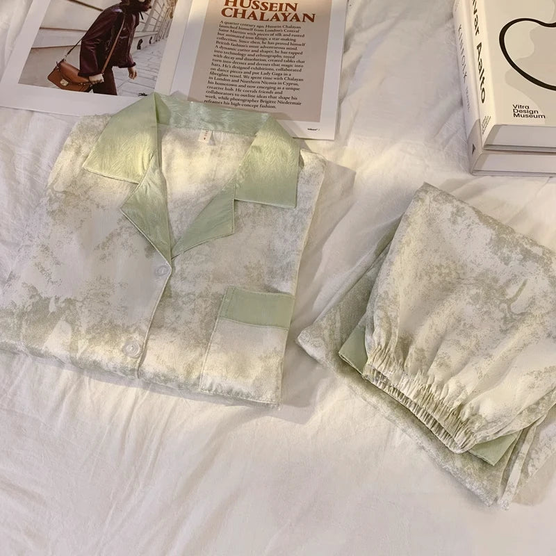 Women's Satin Pajama Set Spring New Classic Sandpainting Pajama Set Long Sleeve Button Green Pajama Lounge Pant Women Sleepwear