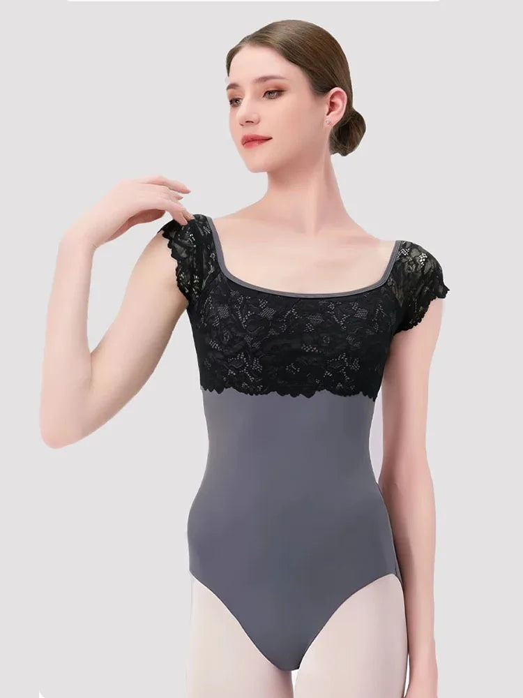 Ballet Leotards For Women Lace Adult Dance Gymnastics Leotard Square collar Back hollow out Dance Wear Short sleeve Bodysuit