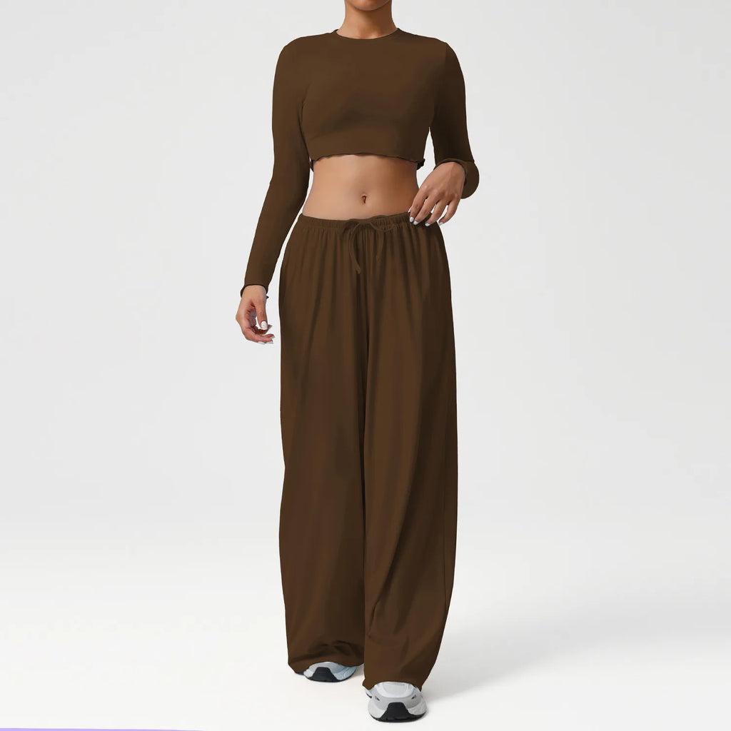 2PCS Yoga Set Women Sportswear Gym Clothing Fitness Workout Set Female Long Sleeve Crop Top High Waist Flared Pant Sports Suits