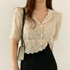 Sheer Embroidery Lace Blouse Cover Up Top Short Sleeve Button Front Cardigan Women Summer Boho Vacation Outfit