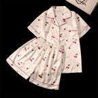 Women's Summer Faux Silk Pajama Shorts Set Casual Women's Short Sleeve Top and Shorts Home Clothes Flower Faux Stain Pajama Set