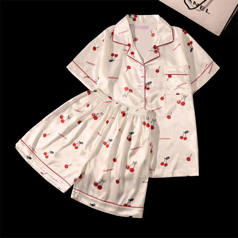 Women's Summer Faux Silk Pajama Shorts Set Casual Women's Short Sleeve Top and Shorts Home Clothes Flower Faux Stain Pajama Set