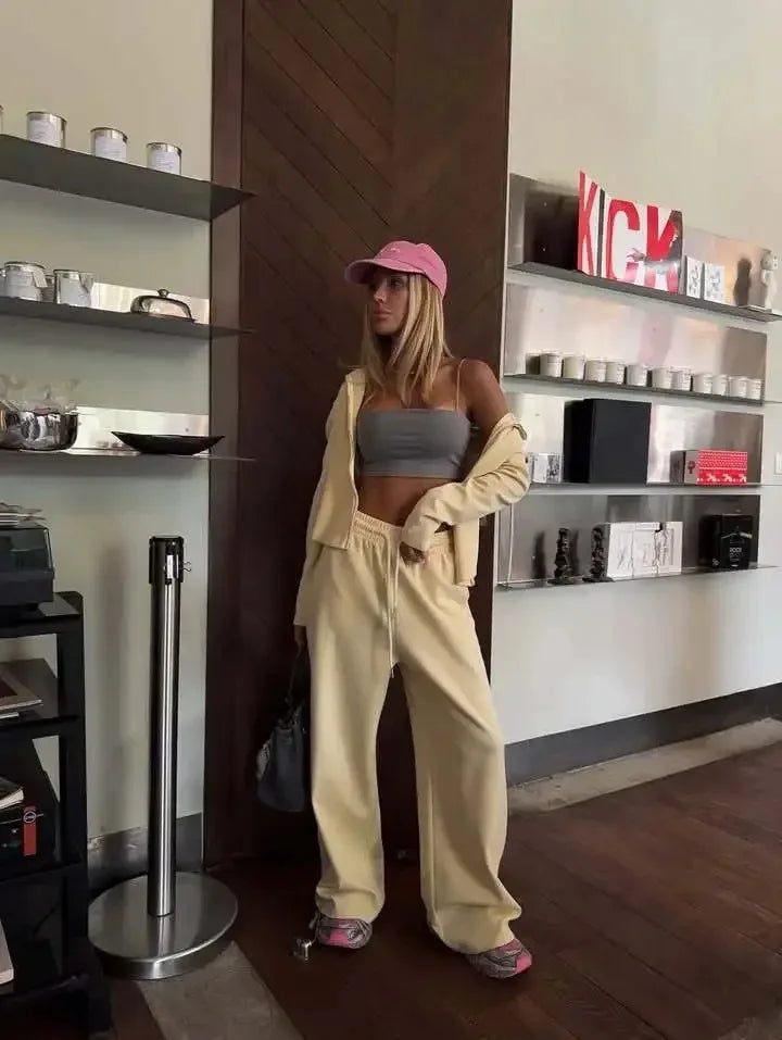 Women's Fashion Street Sports Style Two-Piece Set Casual Solid Color Zipper Cardigan Hooded Sweatshirt Loose Widefoot Pants Set