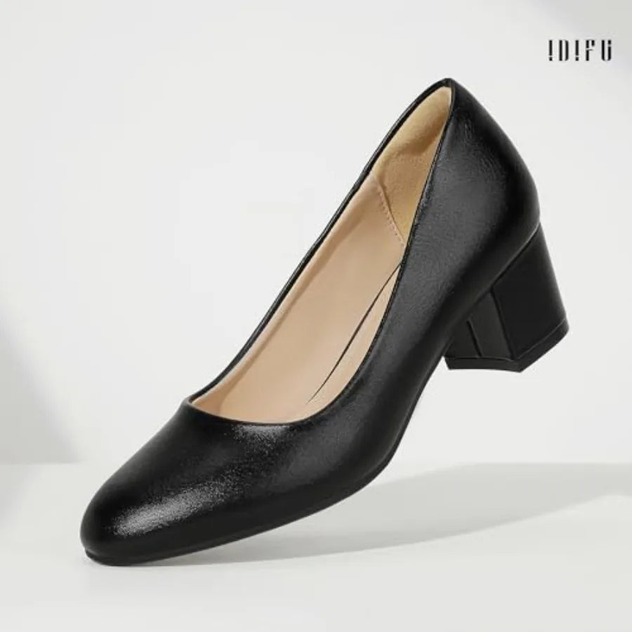 IDIFU IN2 Women's Pumps Closed Round Toe Low Block Chunky Heels Short Small Thick Heels Wedding Bridal Homecoming Work Prom Dre