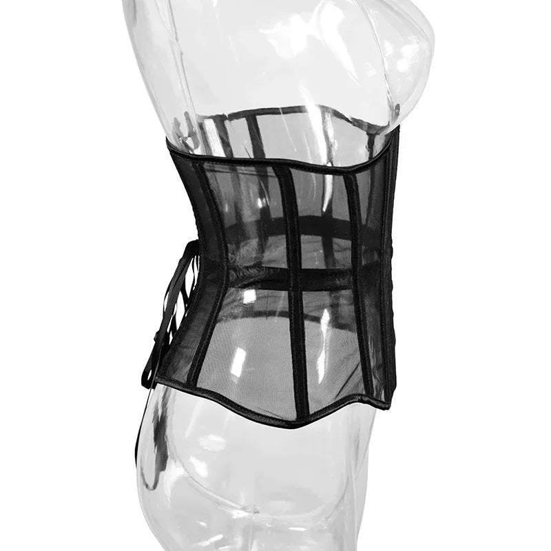 Women Transparent Mesh Corset Underbust Fish Bone Waist Trainer Bustier Slimming Cincher Girdle Belt Gothic Korset Black Red