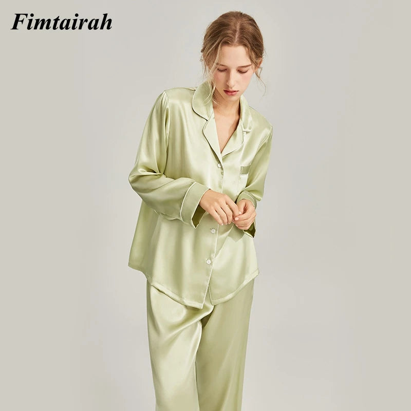 Fimtairah New 6A 100%  Silk Pajamas Women's Spring Autumn 2024 Fashion Lady Long-sleeved Two-piece Suit  Summer home clothes
