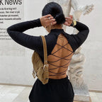 Cross-border women's hollow sexy slim-fit exposed T-shirt lace-up long-sleeved top base shirt street hipster spot