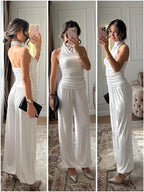 Halter Backless Two-Piece Set Fitted Bodice High Waist Wide Leg Pants 2026 Spring Fashion Elegant Office Casual Women Outfit