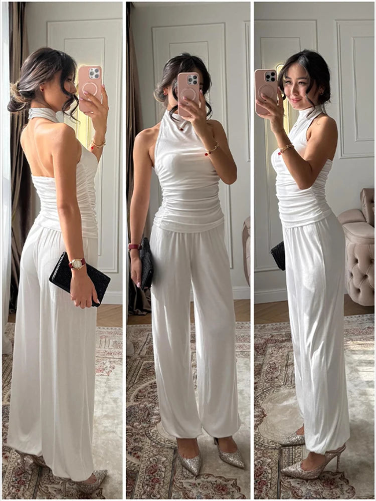 Halter Backless Two-Piece Set Fitted Bodice High Waist Wide Leg Pants 2026 Spring Fashion Elegant Office Casual Women Outfit