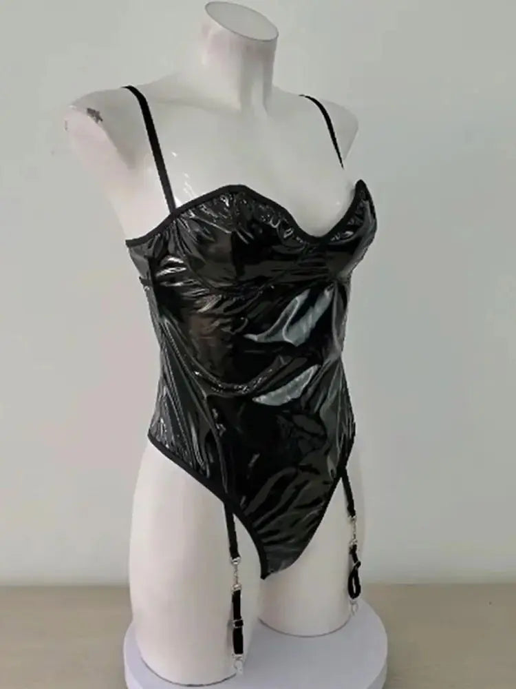 S-XXL Spaghetti Stap Shaped Breast Wet Look PVC Catsuit Swimsuit Shiny PU Leather Bodysuit Tight Sexy Clubwear Body Belt Teddies