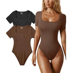 Dimmkof Bodysuits Sexy Ribbed One Piece Square Neck Short Sleeve Bodysuits Tummy Control Open Crotch Bodysuit Shapewear Suit