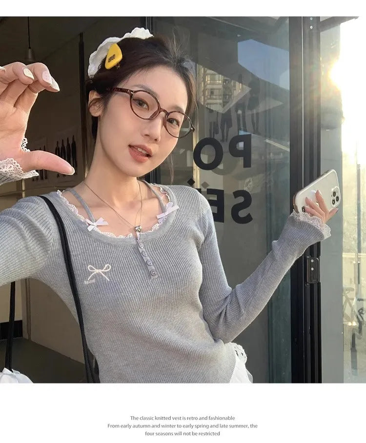 Grey Sweet Gentle Style Long Sleeve Lace Trim Lady Slim Fit Grey Top Korean Style Spring Summer 2026 New Women's T-shirt