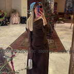 Saudi Charming Brown Dress Chiffon Ruched Draped Bespoke Occasion Gown Column&Sheath One-shoulder Long Dresses