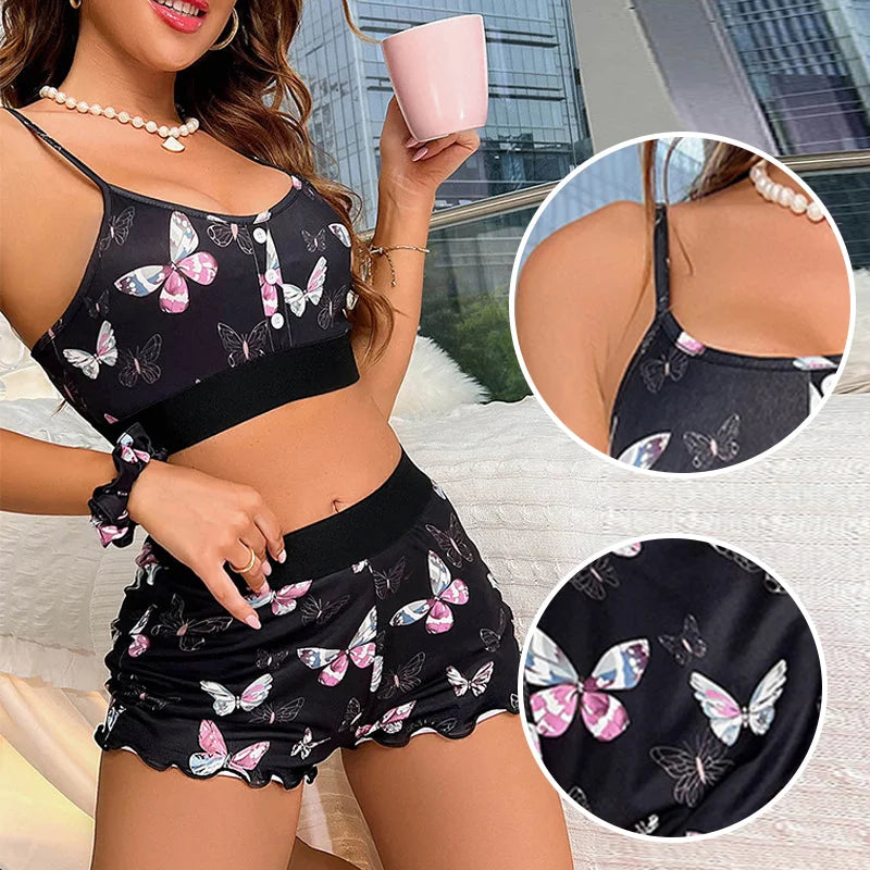 Summer Butterfly Print Sleeveless Pajama Set Sexy Camisole Shorts Homewear for Women Comfortable Elastic Sleepwear Set